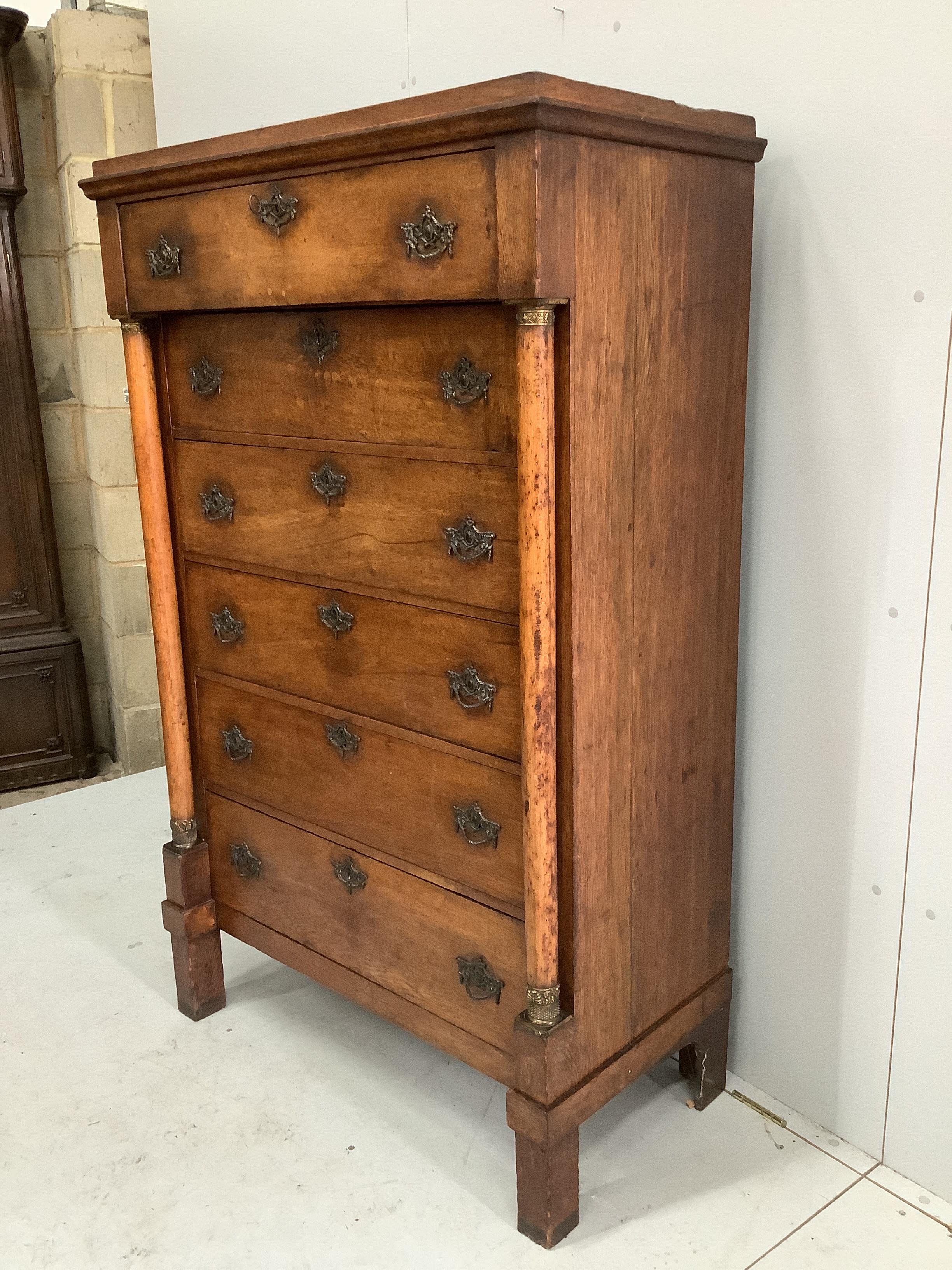 An early 19th century Dutch oak tall chest of six drawers, width 99cm, depth 50cm, height 159cm